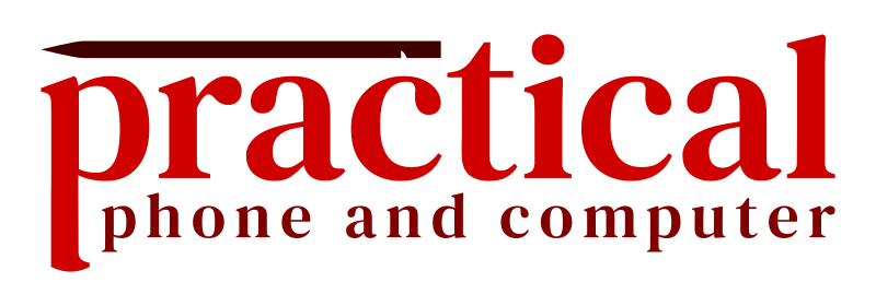 practical phone and computer logo: the word 'practical' with a repair tool above the p, r, a, and c and a the words 'phone and computer' under it